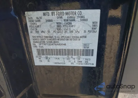 2007 Ford F-150 Stx/Xl/Xlt z USA, uszkodzony, nr VIN 1FTRF12247NA82046